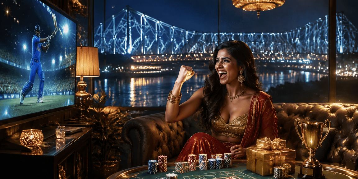 Cricket betting atmosphere with Howrah Bridge in Kolkata in the background